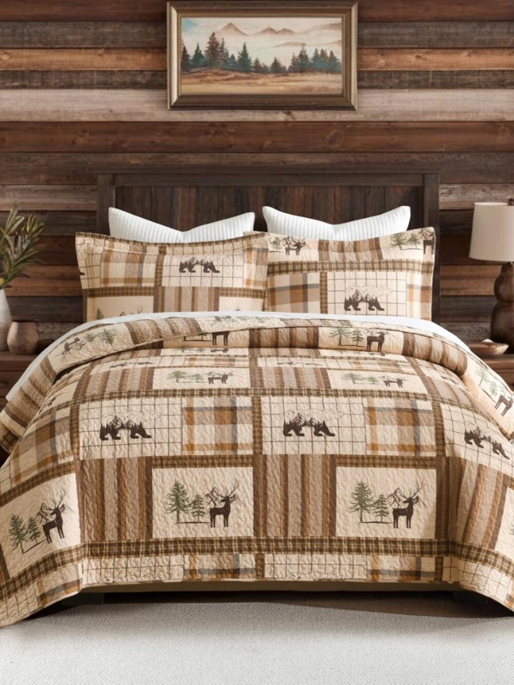 Rustic King Quilt Bedding Set, Cabin Lodge Bear Plaid Coverlets 100% Cotton